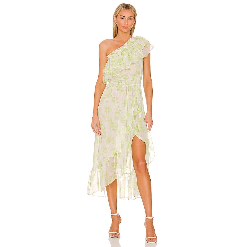 Misa Los Angeles Womens Honeydew Blossom One Shoulder Midi Rumi Dress Size M Nwt